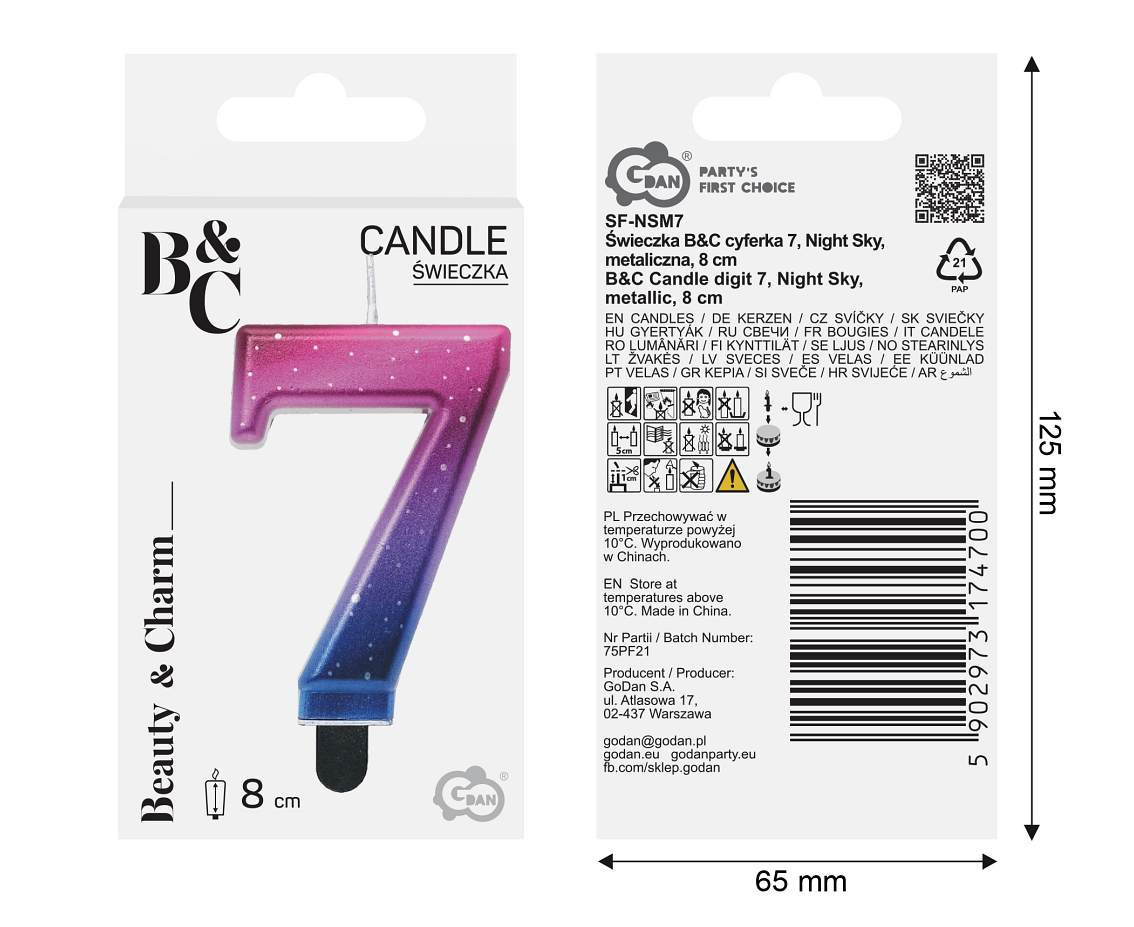 Candle digit 7, Night Sky, metallic, 8 cm